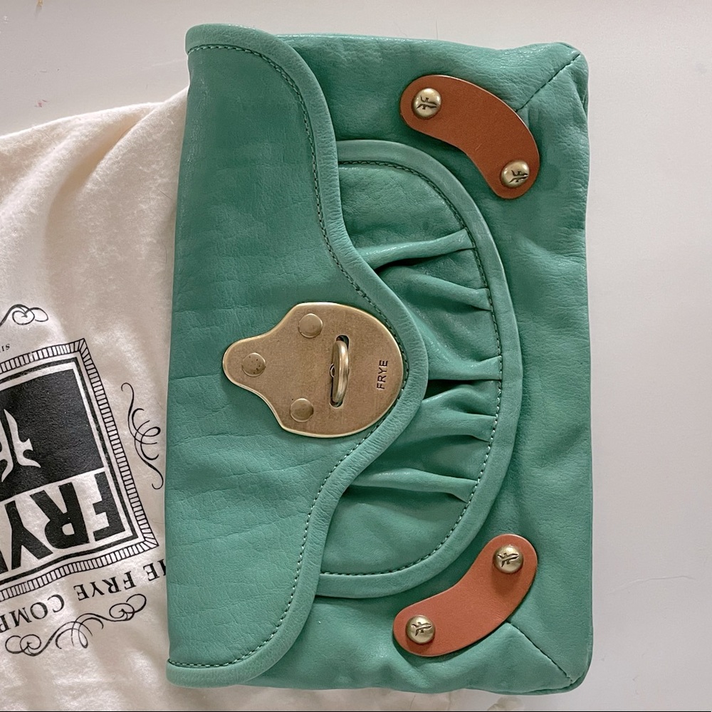 Frye fold over clutch, dark mint green, 11x7 inches, 2 pockets, metal clasp